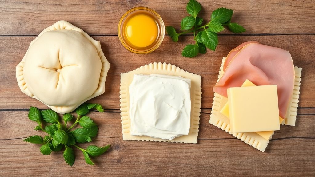 Massa de pastel, recheios variados e ovo batido dispostos em bancada de madeira.