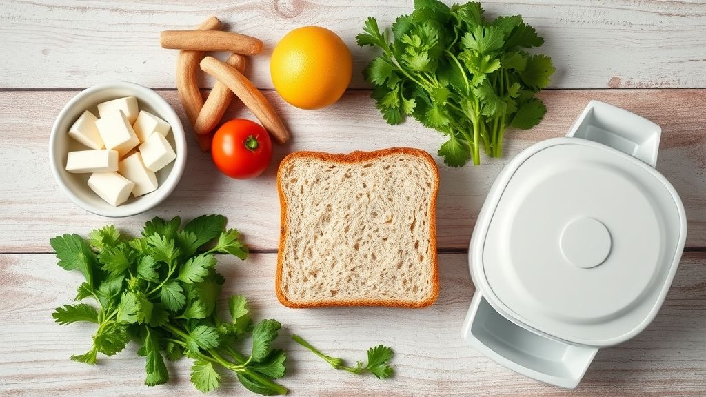 Visão de cima com pão de forma, manteiga e recheios variados dispostos em bancada de madeira