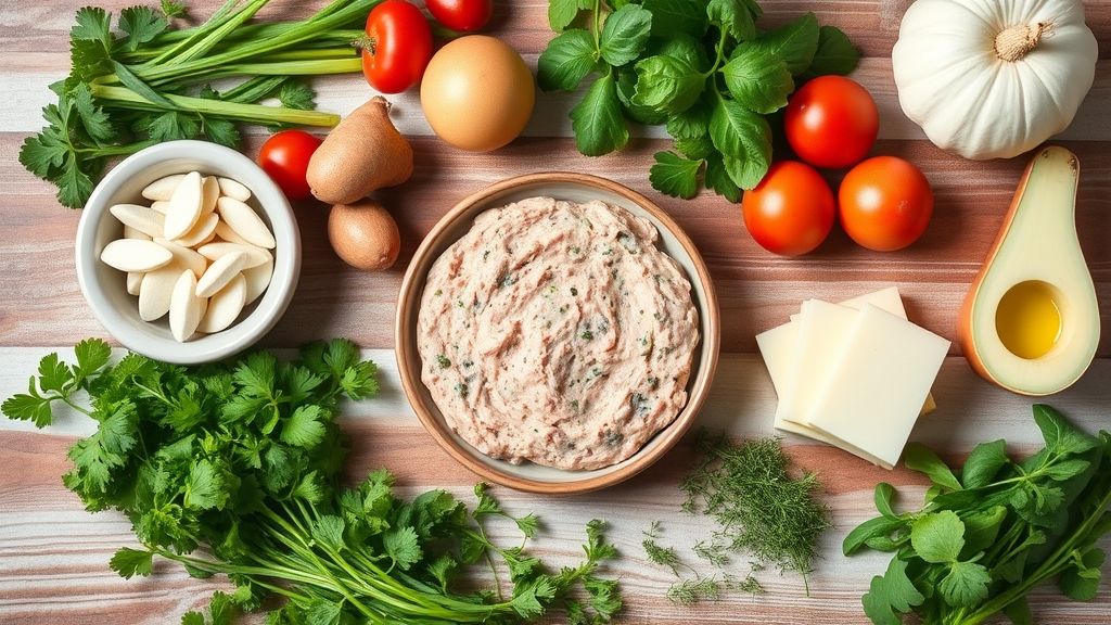 Visão de cima dos ingredientes organizados: atum, iogurte, limão, temperos e cheiro-verde