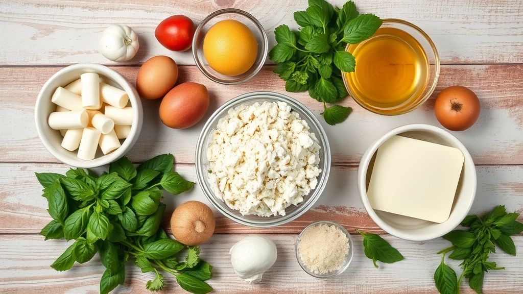 Visão de cima com os ingredientes da receita organizados em uma bancada