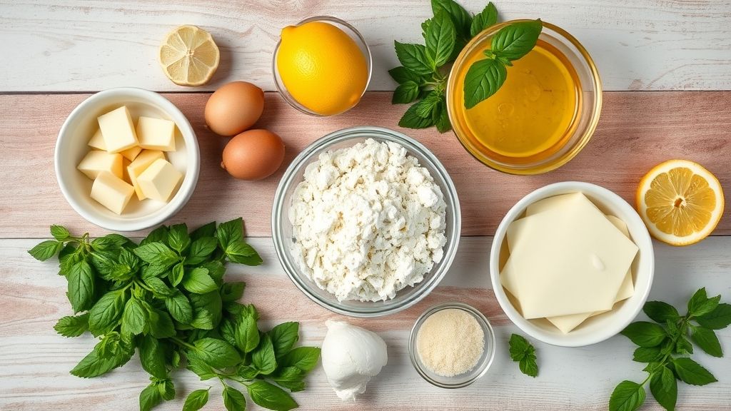 Visão de cima mostrando leite condensado, creme de leite, limões, biscoitos e leite sobre bancada de madeira clara