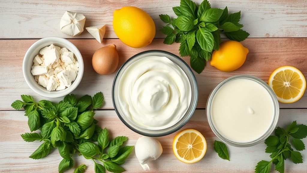 Visão de cima com todos os ingredientes do pavê de limão organizados em uma bancada de cozinha