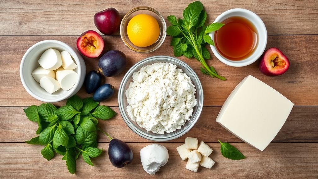 Visão de cima com os ingredientes do pavê de maracujá trufado dispostos em uma bancada de madeira clara