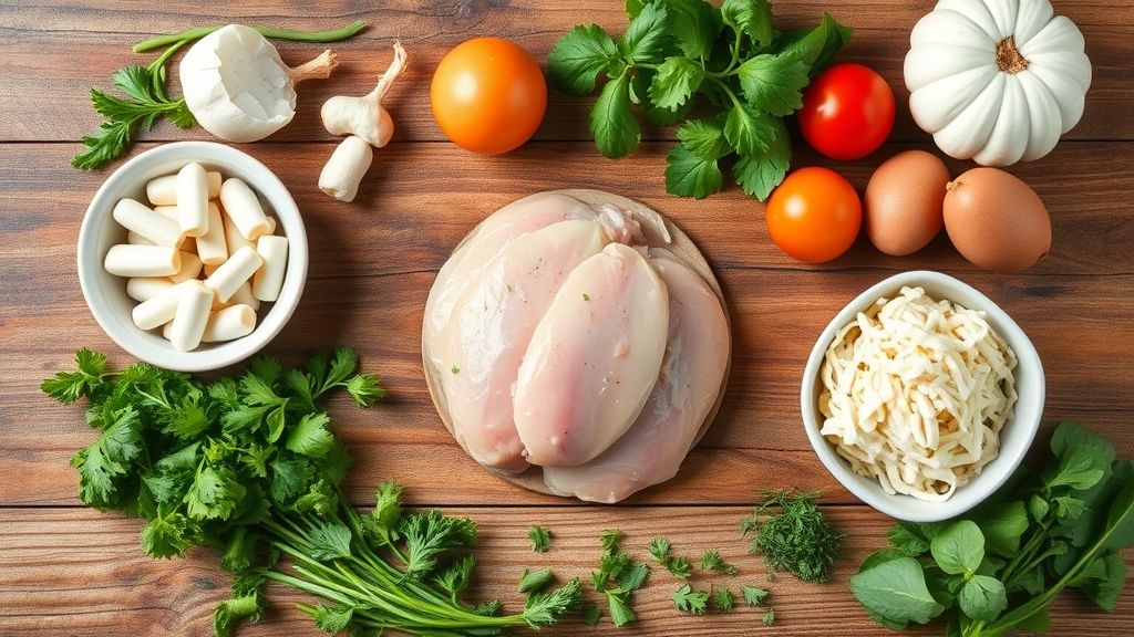 Visão de cima com filés de frango, queijo, presunto, espinafre e temperos organizados em bancada de madeira