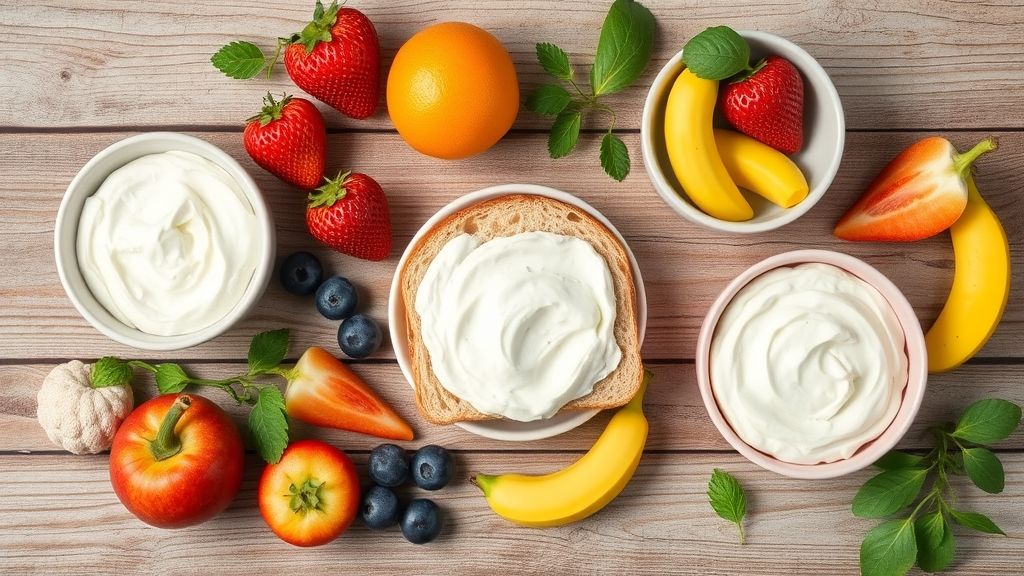 Visão de cima dos ingredientes frescos e coloridos organizados para montar mini-sanduíches e espetinhos de frutas