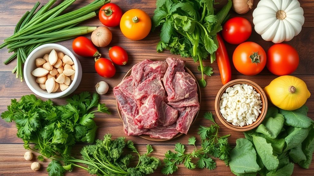 Visão de cima com os ingredientes frescos da receita organizados em uma bancada de madeira