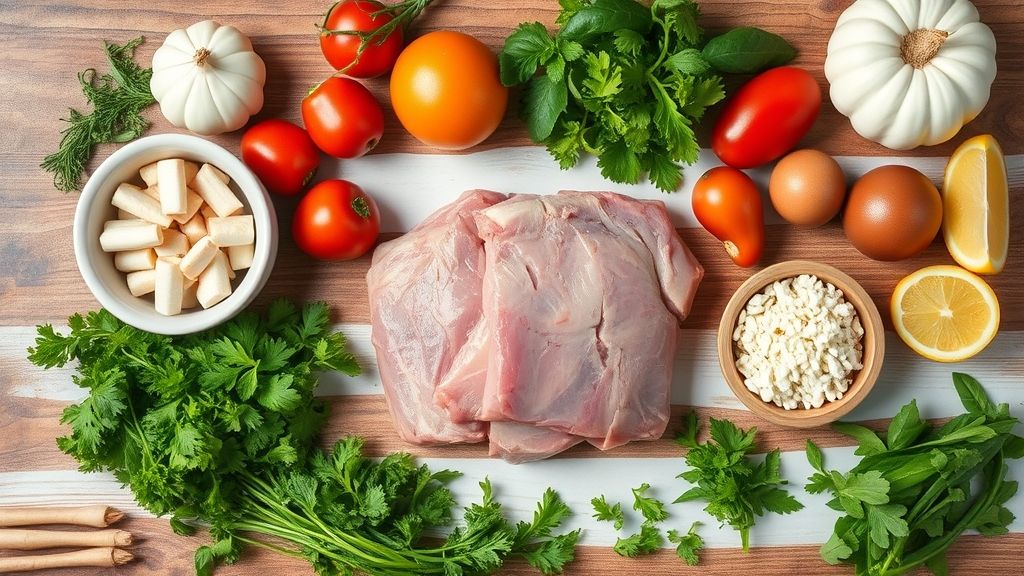 Visão de cima com os ingredientes da receita organizados em uma bancada de madeira