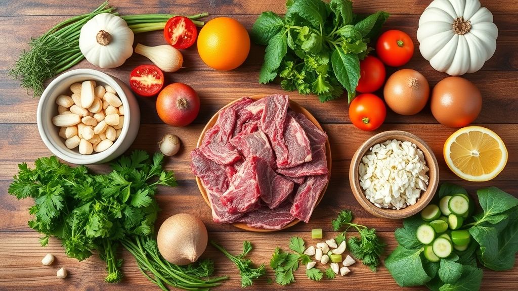 Visão de cima com os ingredientes da receita organizados em uma bancada de madeira