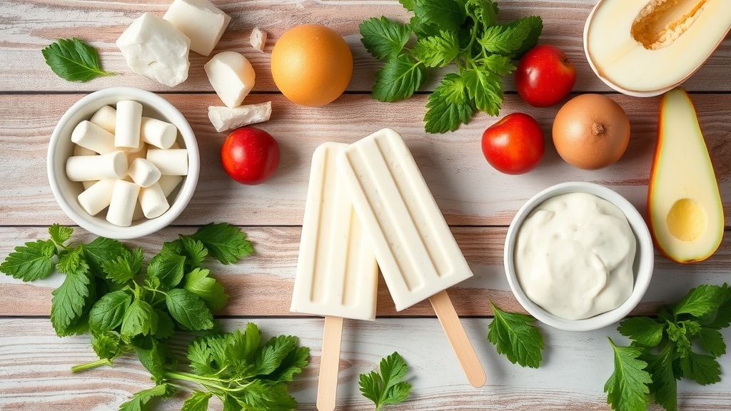 Visão de cima com frutas cortadas e leite condensado organizados sobre uma bancada rústica.