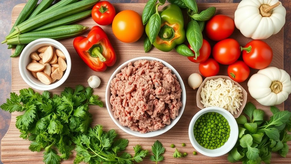 Ingredientes da receita organizados em bancada de madeira, incluindo pimentões, carne moída, tomate, cebola e temperos