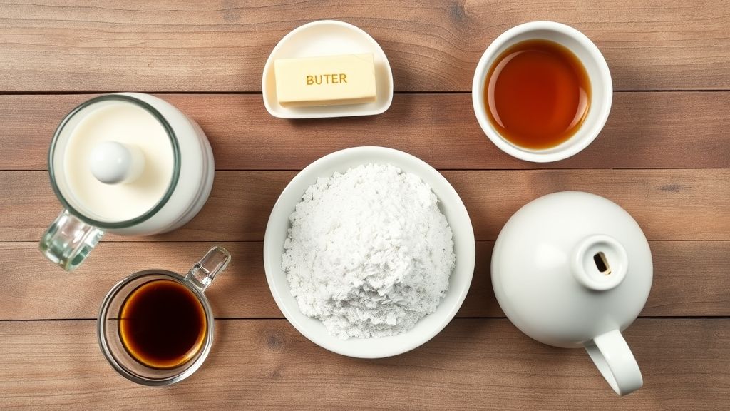 Ingredientes alternativos como leite, manteiga, melado e café solúvel dispostos sobre bancada rústica