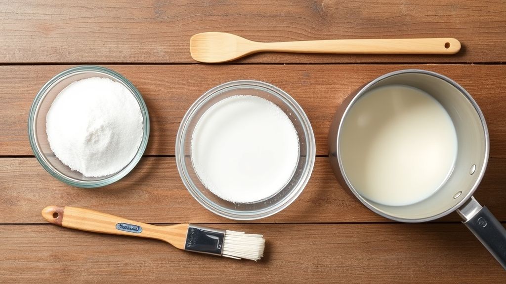 Visão de cima mostrando água, açúcar, panela e pincel culinário sobre bancada de madeira