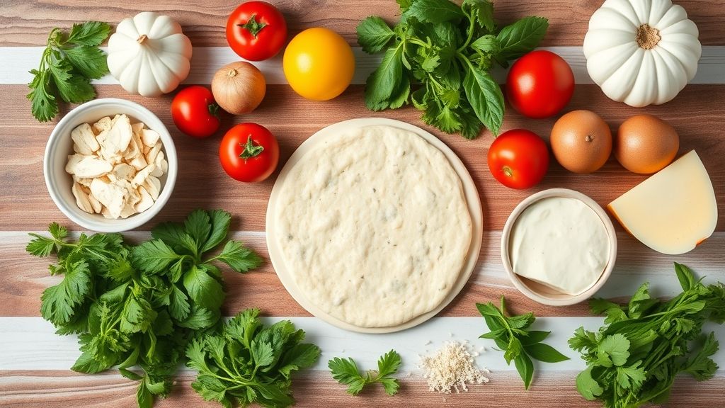 Visão de cima dos ingredientes — farinha, tomate, queijo e azeite — organizados em bancada clara.
