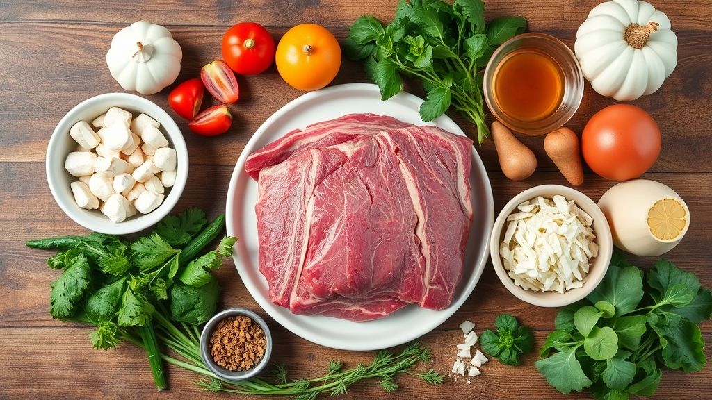 Visão de cima mostrando os ingredientes separados da ponta de peito na pressão organizados em superfície de madeira