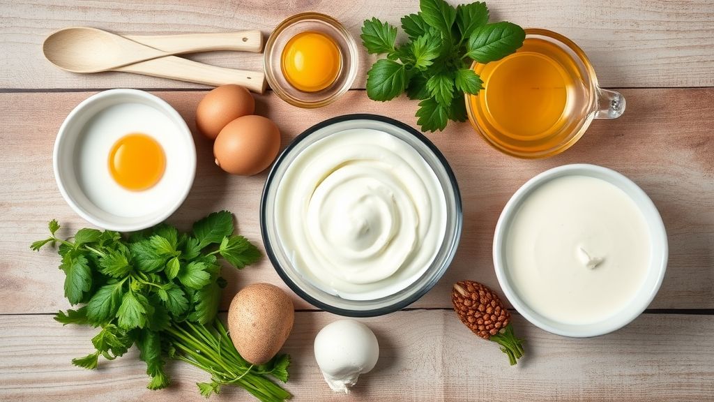 Ingredientes organizados em bancada de madeira: leite, leite condensado, creme de leite, açúcar, amido e baunilha