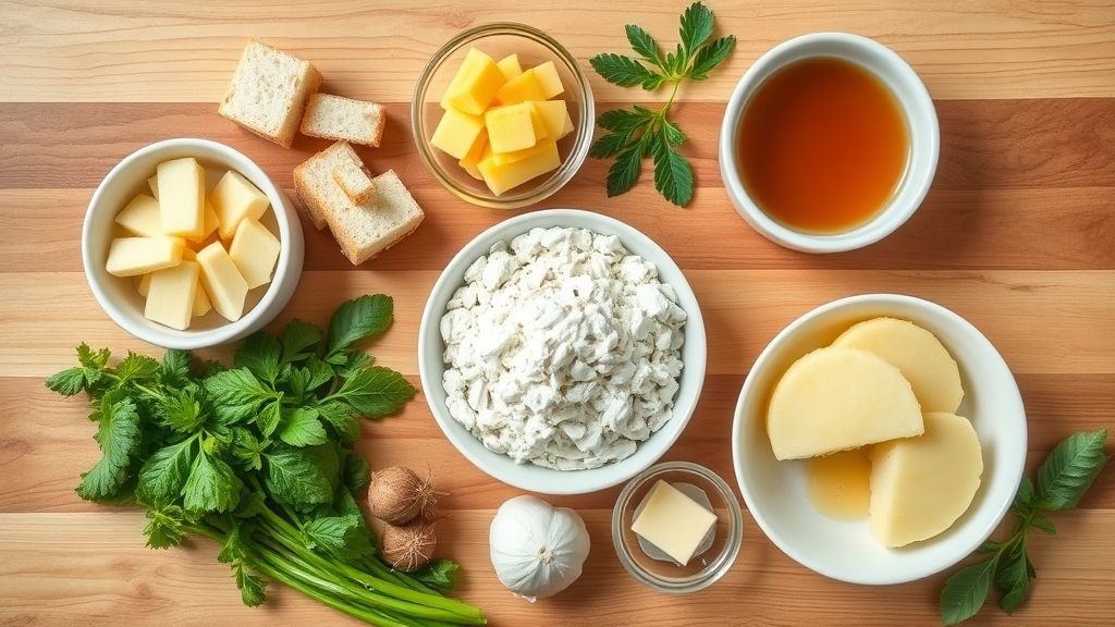 Visão de cima com os ingredientes da receita organizados em uma bancada de cozinha