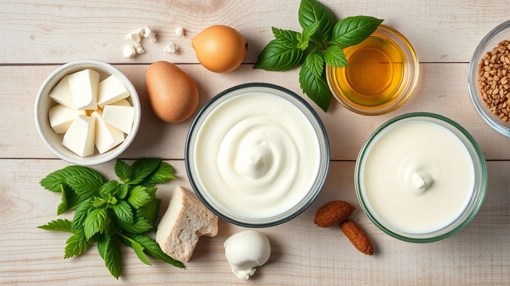 Visão de cima mostrando leite condensado, creme de leite, gelatina e açúcar dispostos em bancada de cozinha