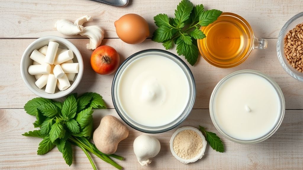 Visão de cima com os ingredientes da receita organizados em uma bancada