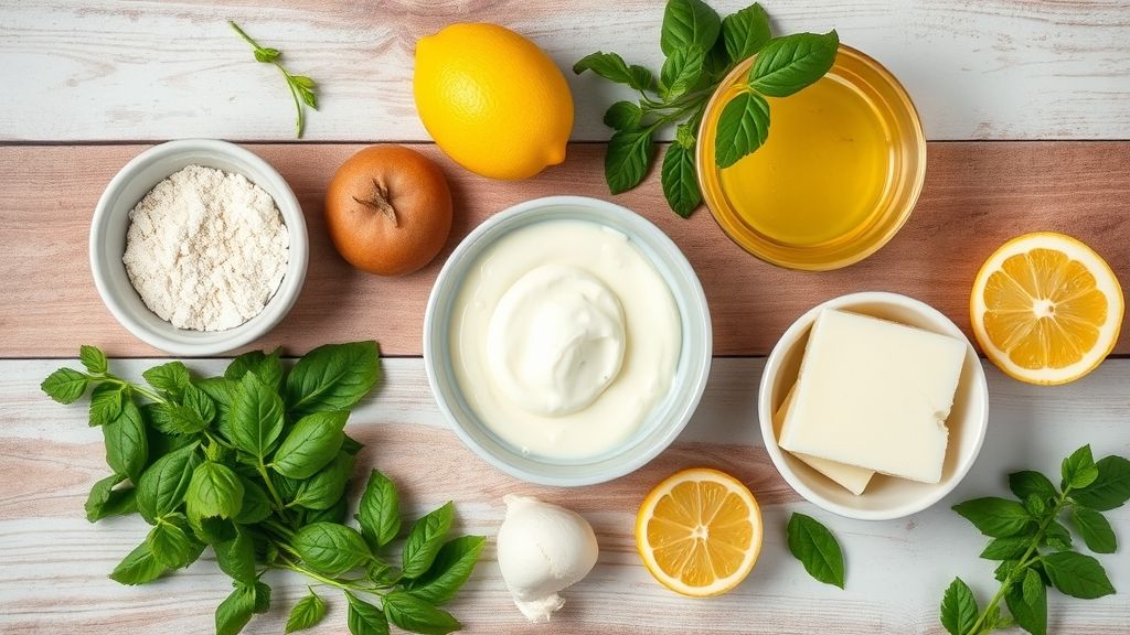 Visão de cima mostrando leite condensado, creme de leite, limões e gelatina organizados sobre bancada clara