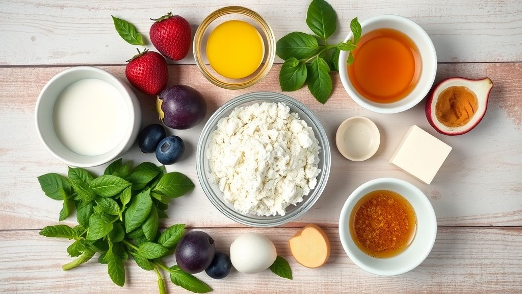 Visão de cima com leite condensado, creme de leite, maracujá fresco e gelatina organizados em bancada de mármore