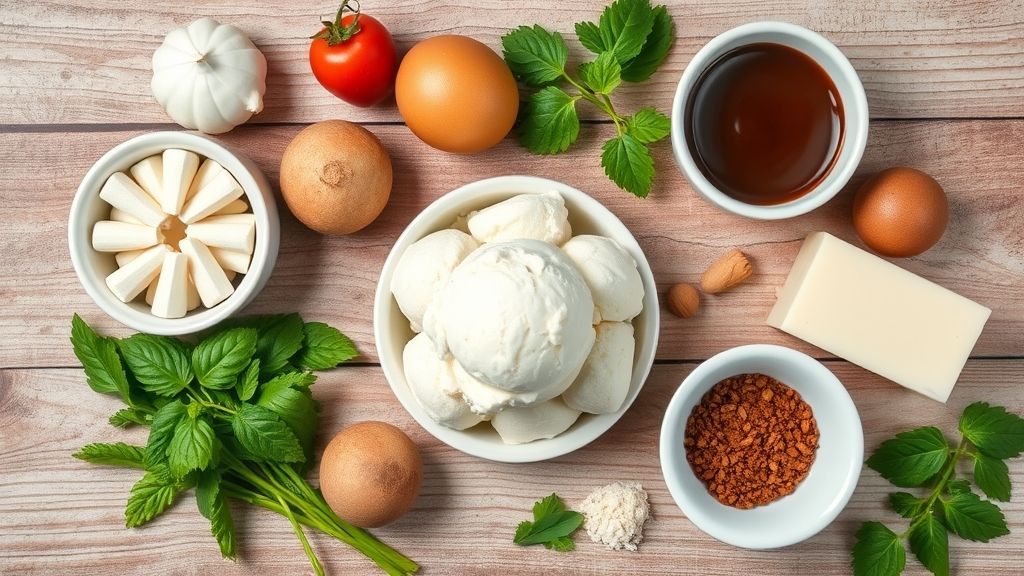 Visão de cima com os ingredientes da receita organizados em uma bancada de cozinha