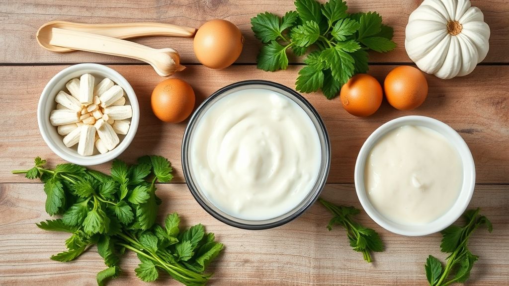 Visão de cima com os ingredientes da receita organizados em uma bancada