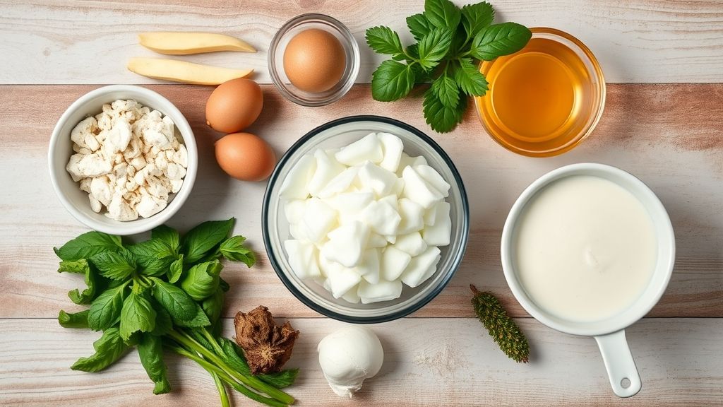 Ingredientes organizados em bancada rústica: tapioca granulada, coco, leites e açúcar