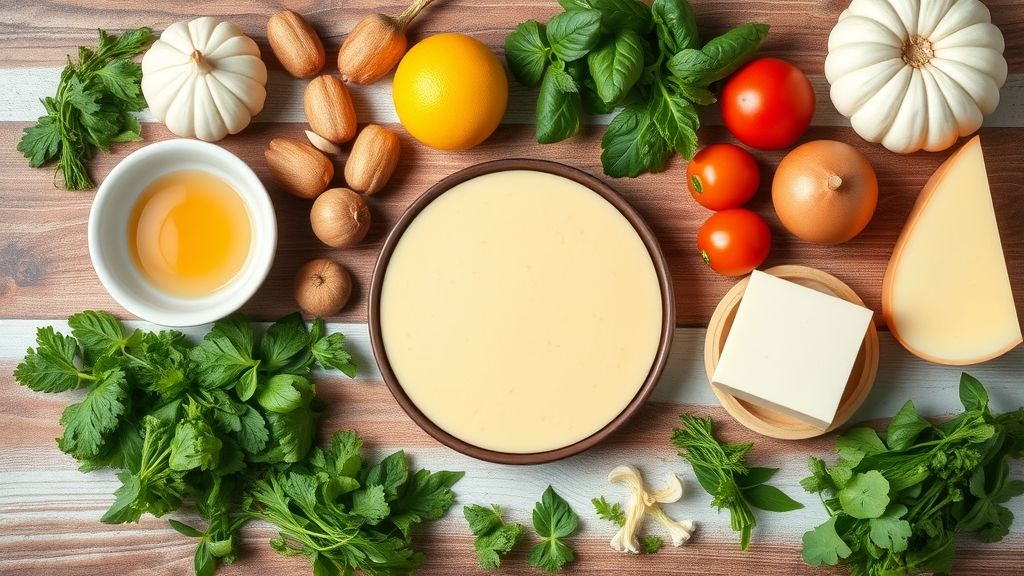 Ingredientes do pudim arrumados em flat lay, incluindo ovos, leite condensado, leite integral, açúcar e água.