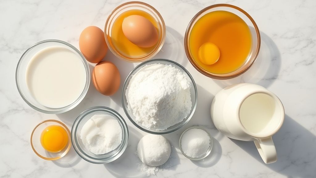 Ingredientes do pudim organizados vistos de cima: ovos, leite condensado, leite e açúcar em bancada de mármore.