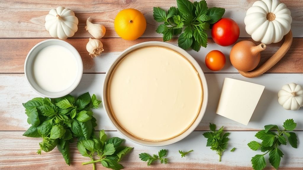 Visão de cima com ovos, leite, açúcar, baunilha e utensílios organizados sobre bancada de madeira