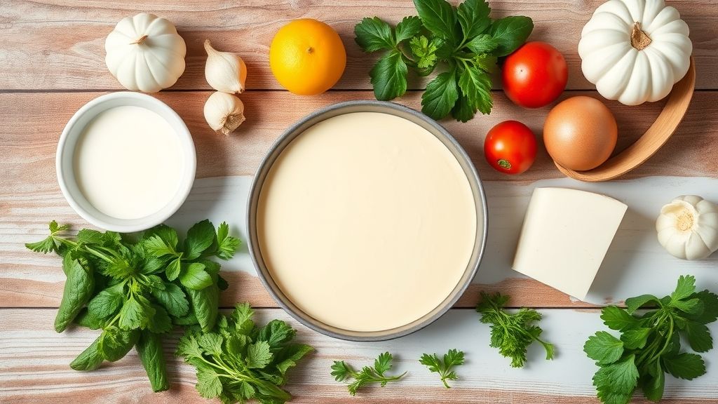 Visão de cima com os ingredientes do pudim sem leite dispostos sobre bancada de madeira