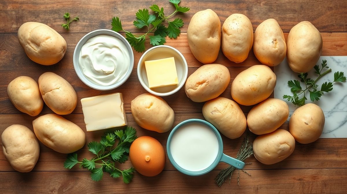 Visão de cima com batatas, manteiga, leite e temperos organizados sobre bancada de madeira.