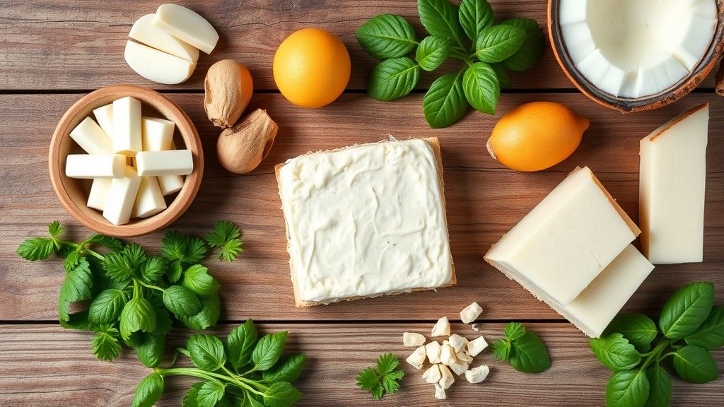 Visão de cima com ovos, leite condensado, coco ralado, queijo, manteiga e leite de coco dispostos em tigelas sobre bancada rústica