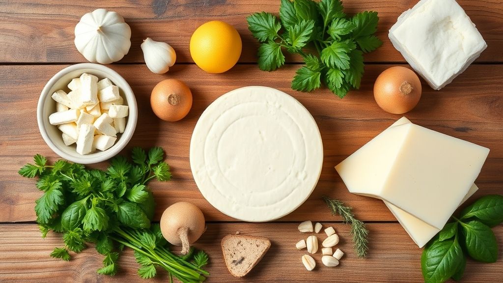 Ingredientes do queijo coalho empanado dispostos sobre bancada de madeira