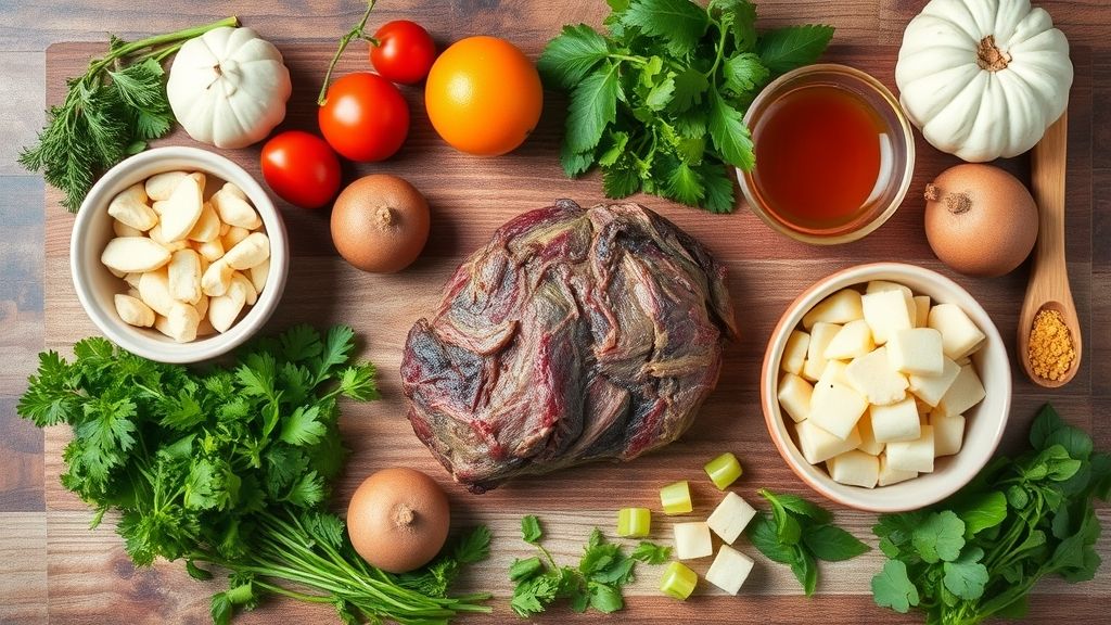 Visão de cima com a rabada, mandioca, temperos e legumes organizados em uma bancada rústica