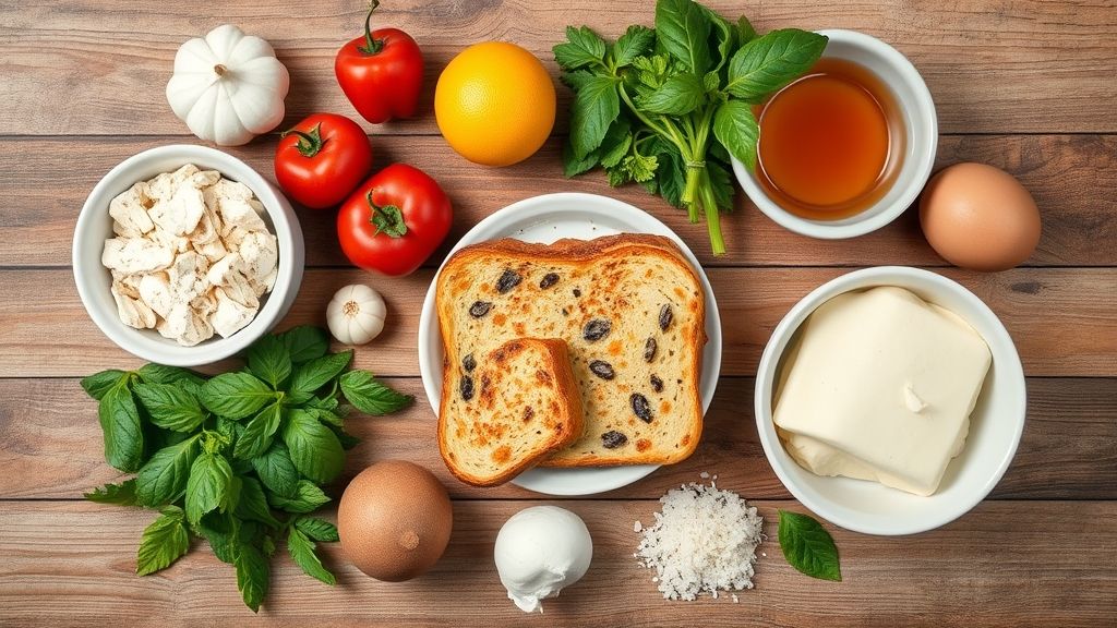 Visão de cima com pão francês, ovos, leite, açúcar e canela organizados sobre bancada de madeira.