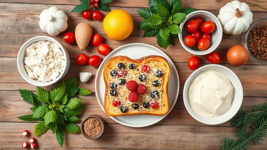 Visão de cima com os ingredientes da receita organizados sobre uma bancada com toque natalino