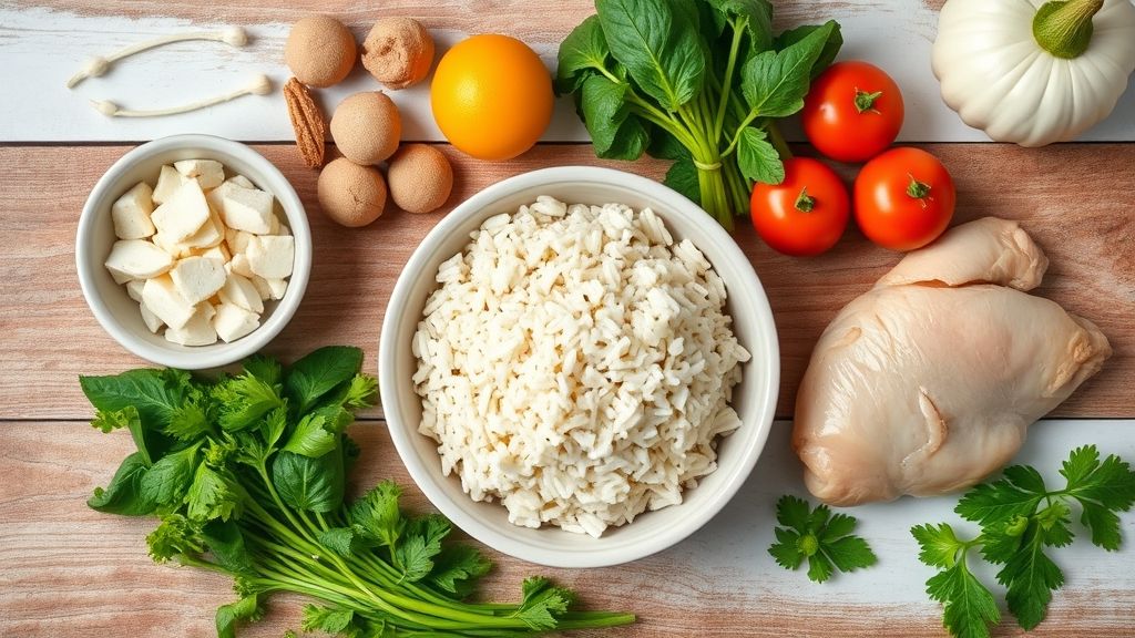 Ingredientes frescos para o preparo do almoço organizados em uma bancada, incluindo arroz, frango e legumes coloridos.