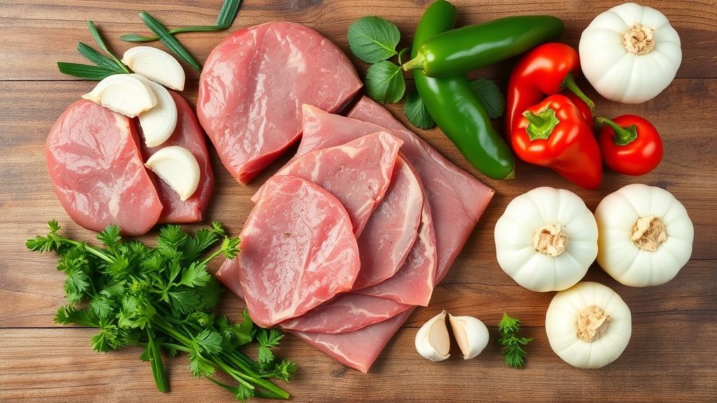 Ingredientes da receita como fígado, cebola e pimentão organizados em bancada de cozinha