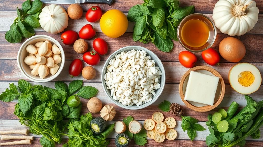 Visão de cima mostrando ingredientes como leite condensado, chocolate, coco e amendoim organizados em bancada