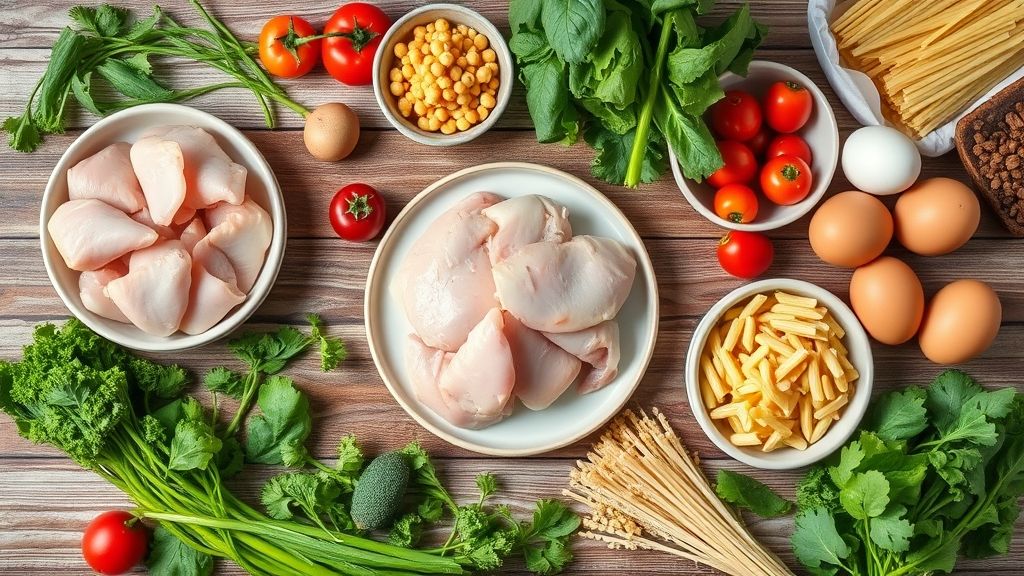 Visão de cima com frango, legumes, ovos e macarrão organizados em bancada de madeira