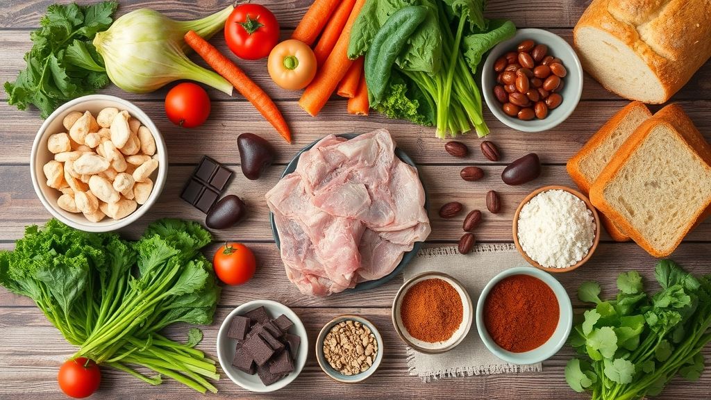 Ingredientes variados para diferentes receitas na airfryer organizados em uma bancada.