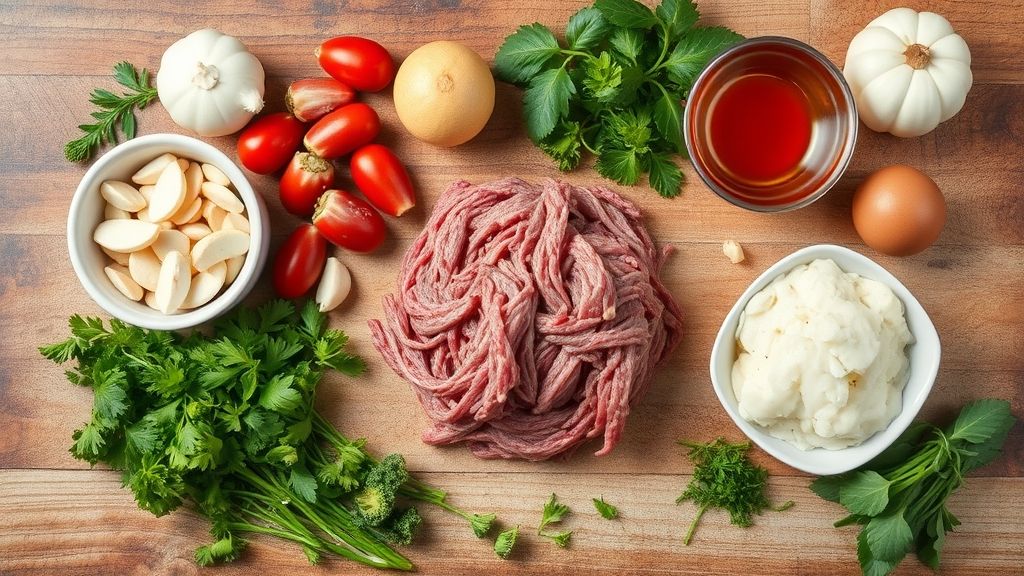 Visão de cima com carne moída, tomate, cebola, hortelã e temperos separados em tigelas sobre bancada