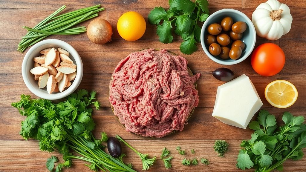 Visão de cima dos ingredientes frescos para o recheio de carne moída com azeitona organizados sobre bancada de madeira