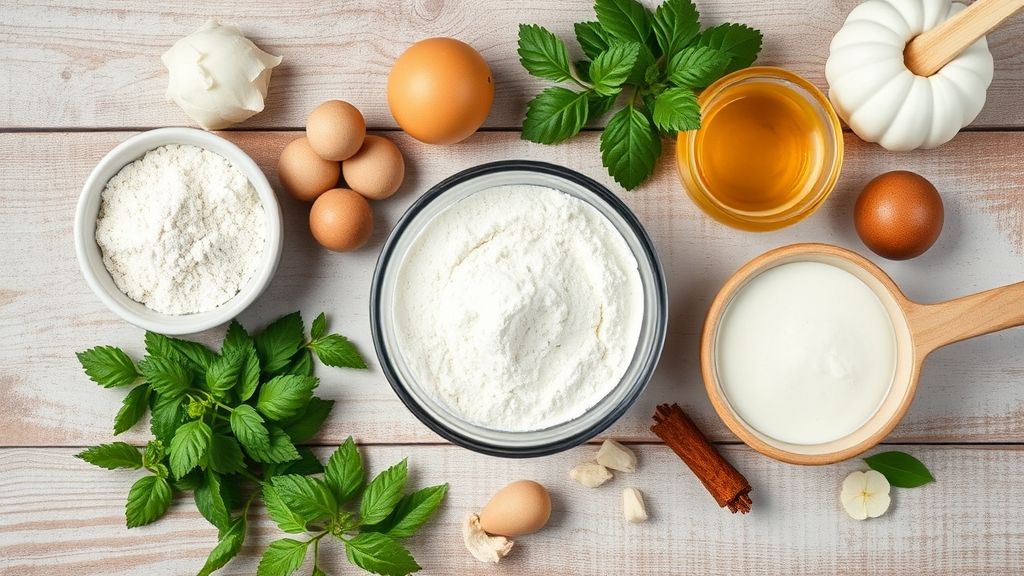 Visão de cima dos ingredientes medidos e organizados em potes sobre uma bancada de mármore