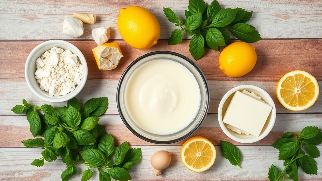 Visão de cima com os ingredientes do recheio organizados em uma bancada de madeira