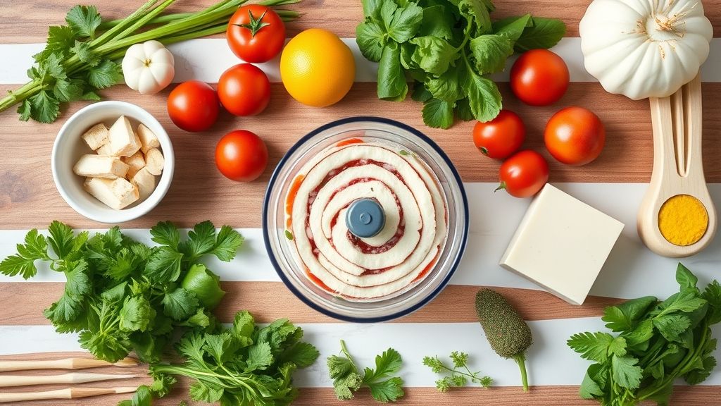 Visão de cima com os ingredientes do rocambole dispostos em tigelas sobre bancada de madeira