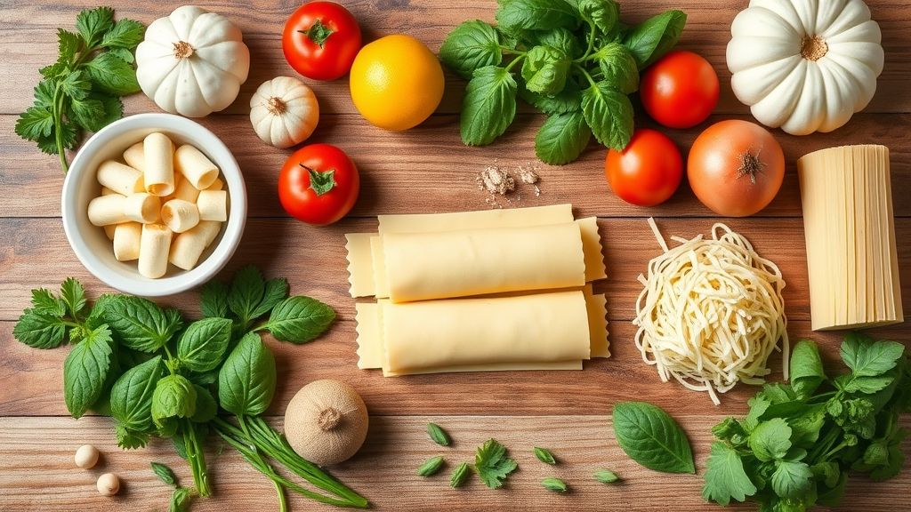 Visão de cima mostrando fatias de massa, queijos, presunto, molhos e ervas dispostos em uma bancada de madeira