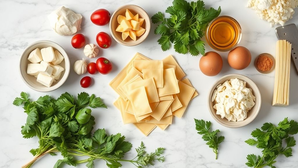 Visão de cima mostrando massa, queijos variados e presunto dispostos em uma bancada