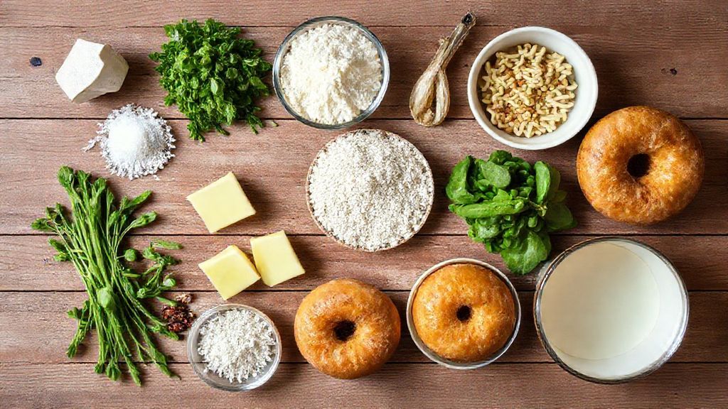 Visão de cima com farinha, ovos, açúcar e manteiga organizados sobre uma bancada rústica